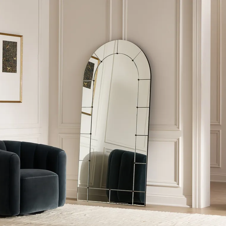Academy arched full-length floor mirror in a styled room