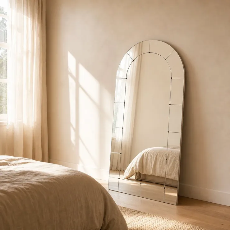 The mirror leaning opposite a bedroom window